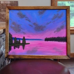 NEW! Original Framed acrylic Sunset Lake painting, Canvas size 16x20